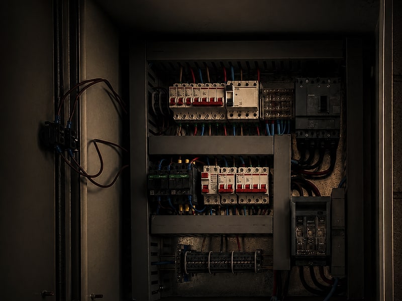 Interior de tablero de baja tensión terminado — disyuntores, contactor y bloques de terminales, cableado peinado