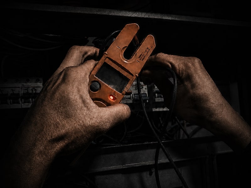 Medición con pinza amperimétrica sobre el cableado de un tablero